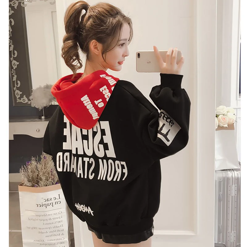 Women Print Letter Casual Loose Korean Fashion Hooded Sweatshirts 2024 Long Sleeve Hoodies Female Tracksuits Sportswear Pullover