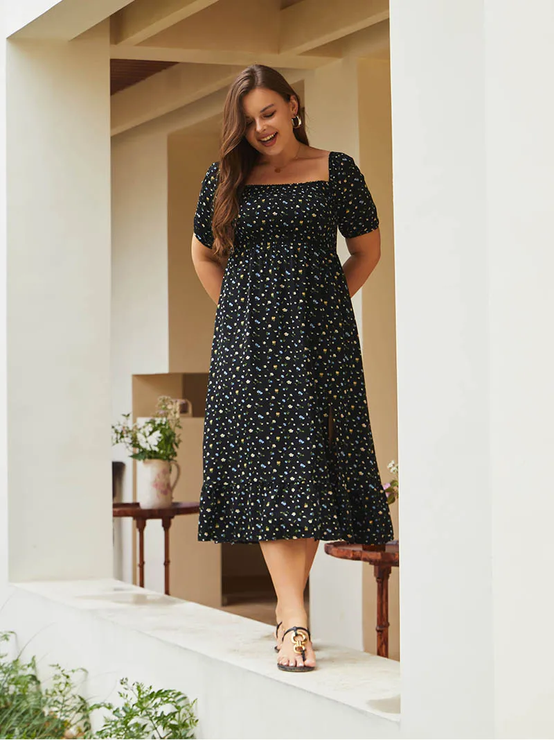 Side Slit Black Long Polka Dot Dresses Plus Size Women Summer Dresses Short Sleeve Elegant Ladies Chiffon Midi Dress For Women