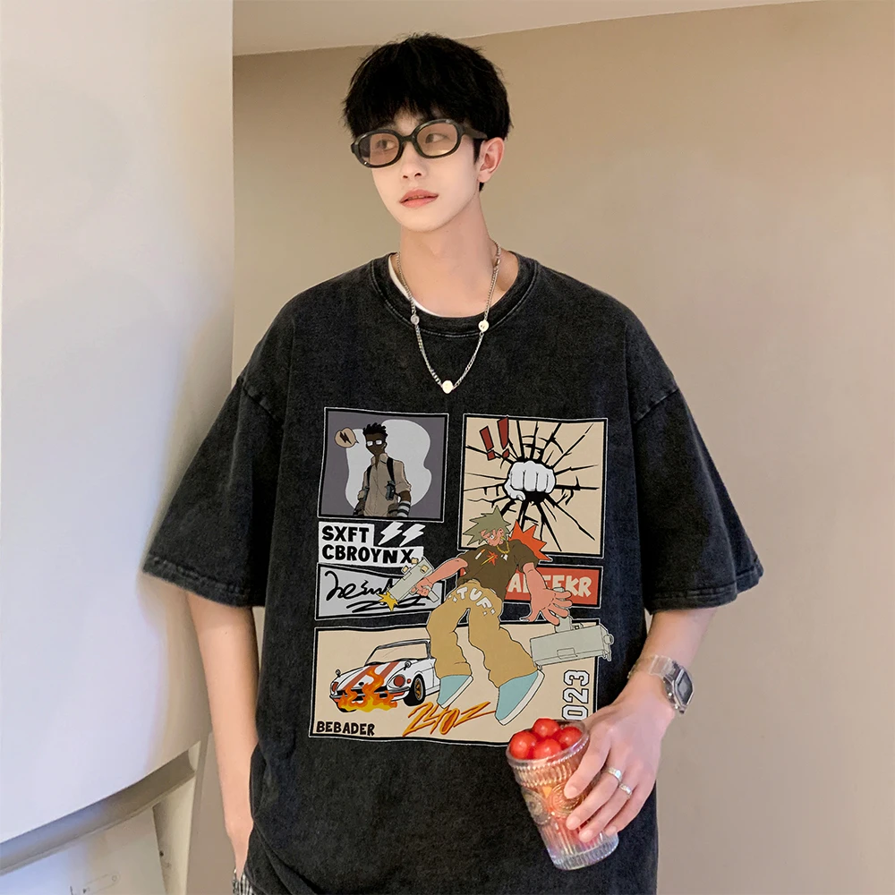 

Short Sleeve T-Shirt Men's Summer Loose Large Size Top American Retro Tide Brand Half Sleeve Black M-5XL
