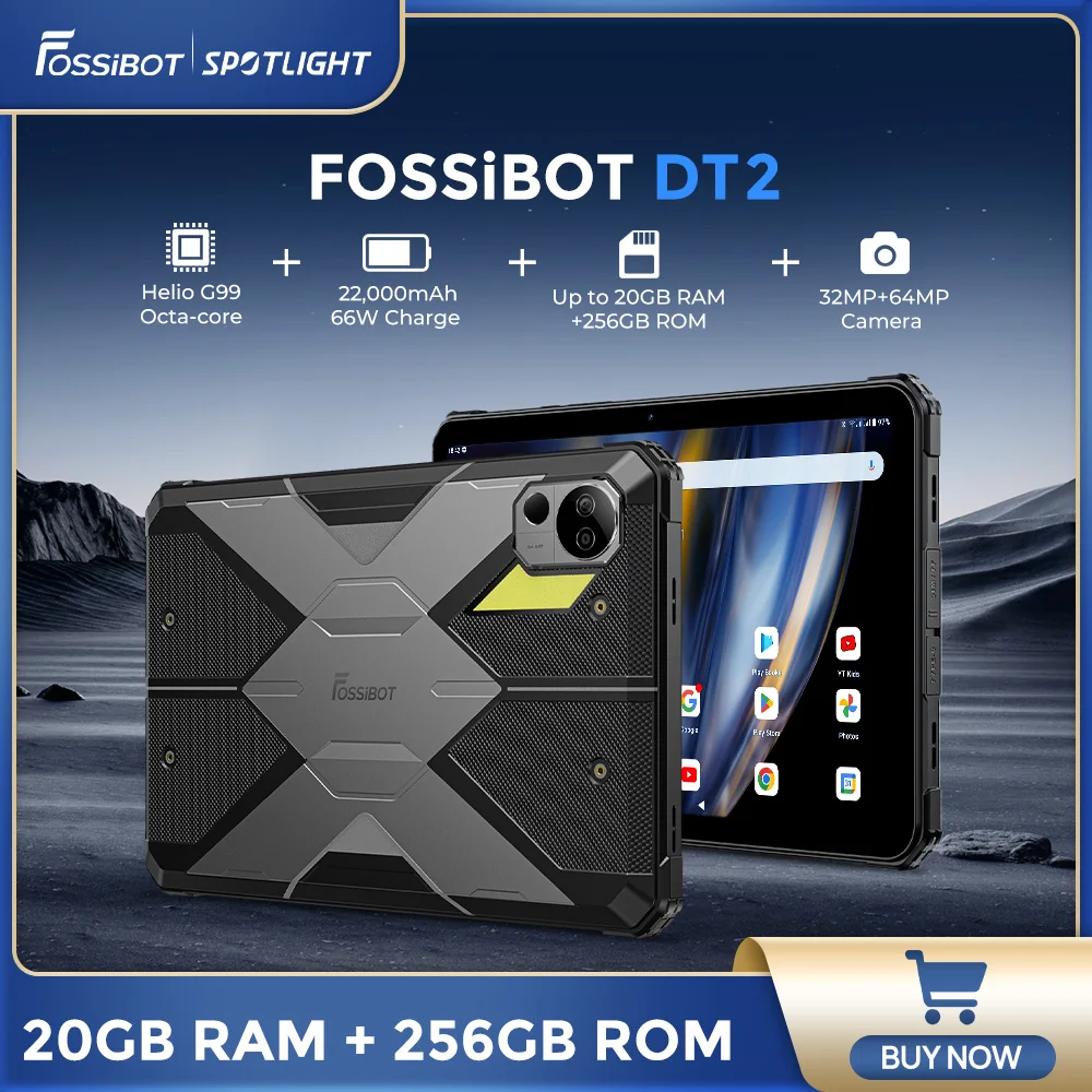 

Fossibot Rugged Tablet DT2 Android 13 Pad Helio G99 22000mAh Battery 20GB+256GB 10.4 "2K Screen Tab Tablet PC Outdoor Lighting