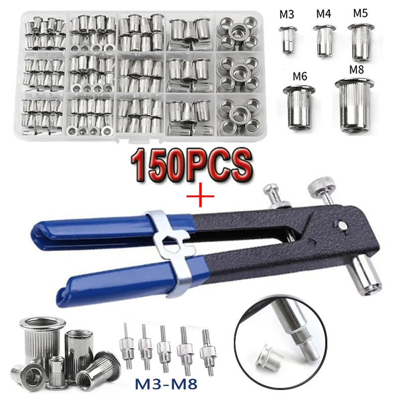 Rivet nut gun 150PCS Mandrel rivet nut gun M3 M4 M5 M6 M8 thread insert stainless steel rivet nut with threaded retainer tools clamping lever