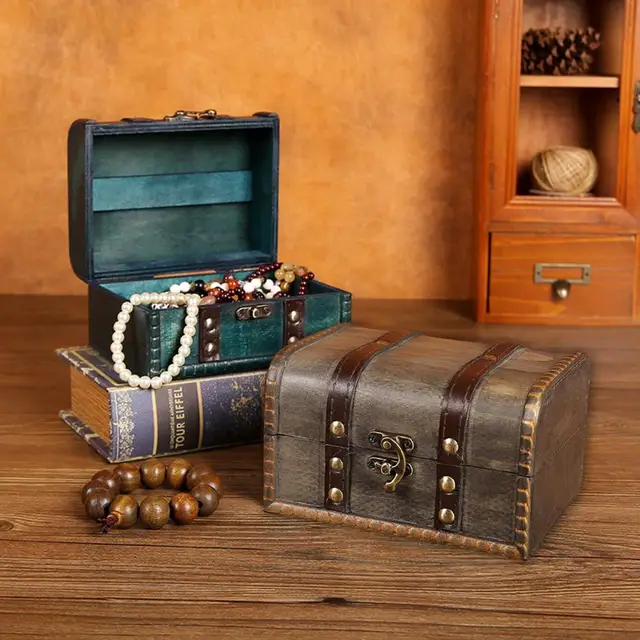 Storage Box Jewelry Organizer Box Vintage High Capacity Antique Wooden Mini Treasure Chest for Home