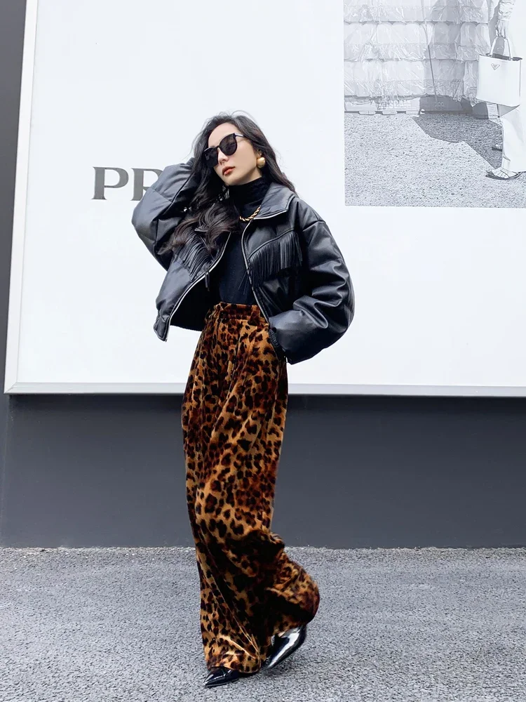 Vintage Leopard Print Gold Velvet Trousers Female Spring Autumn New Streetwear Loose Women's High Waist Wide-Leg Straight Pants