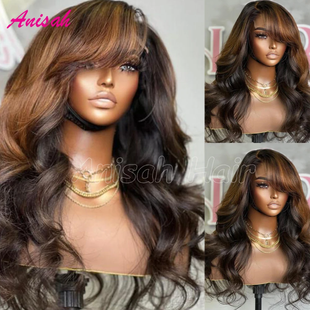 

Ombre Brown Color 13*4 Lace Front Human Hair Wig with Bangs Wavy Brazilian Raw Hair Highlight Gluelss Lace Front Wigs for Women