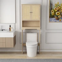 Over The Toilet  Cabinet, Bathroom Shelves Over Toilet with 2 Rattan Doors&Adjustable Shelves&Open  Shelf-Natural Wood 1