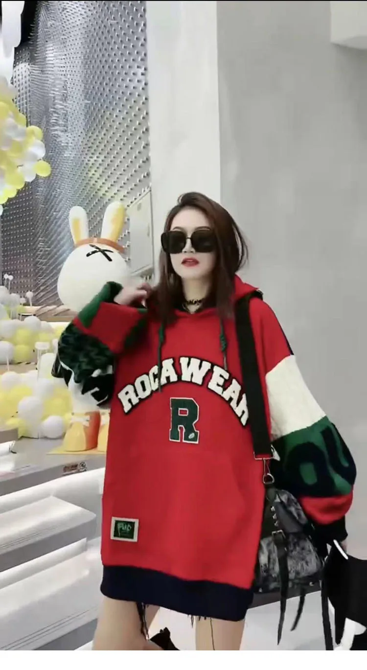 

Patchwork Color Blocking Lantern Sleeve Hooded Sweatshirt for Women Autumn Winter Thicken Velvet Trendy Letters Hoodie Tops