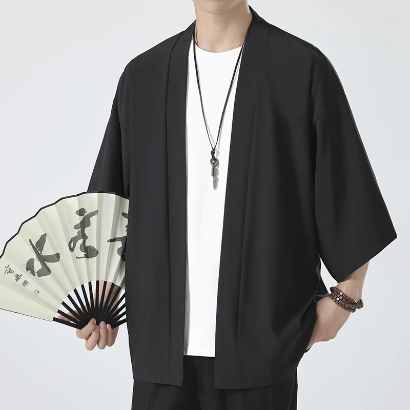 Summer New Men's Lightweight Kimonos Traditional Japanese Clothing Male Open Front Cardigan Cloak Haori Yukata Jacket Coat Black