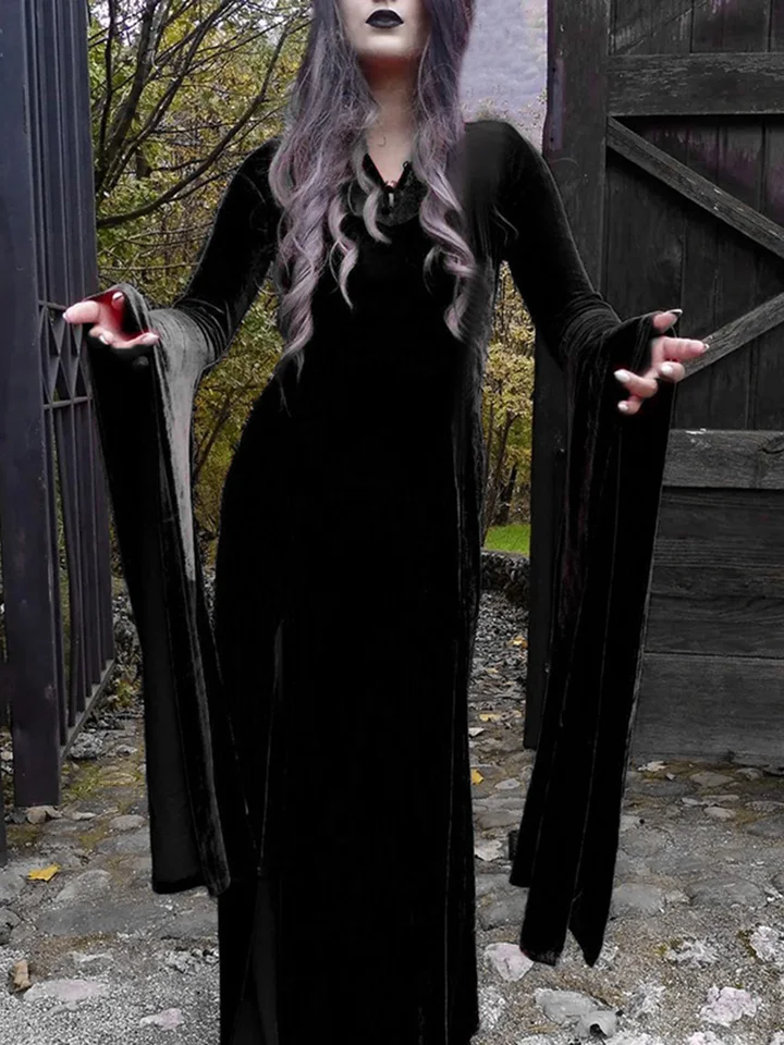 Goth Retro Kant Lantaarn Jurk - V-hals Lange Mouwen Fluwelen Midi Jurk Voor Vrouwen