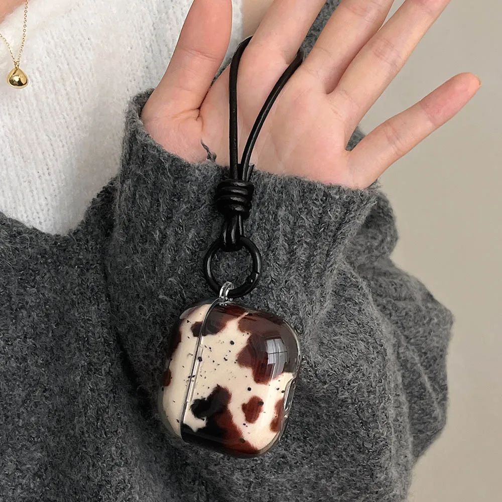 Elegant Black Agate Pattern Earphone Protective Cover with Keyring and Leather Rope