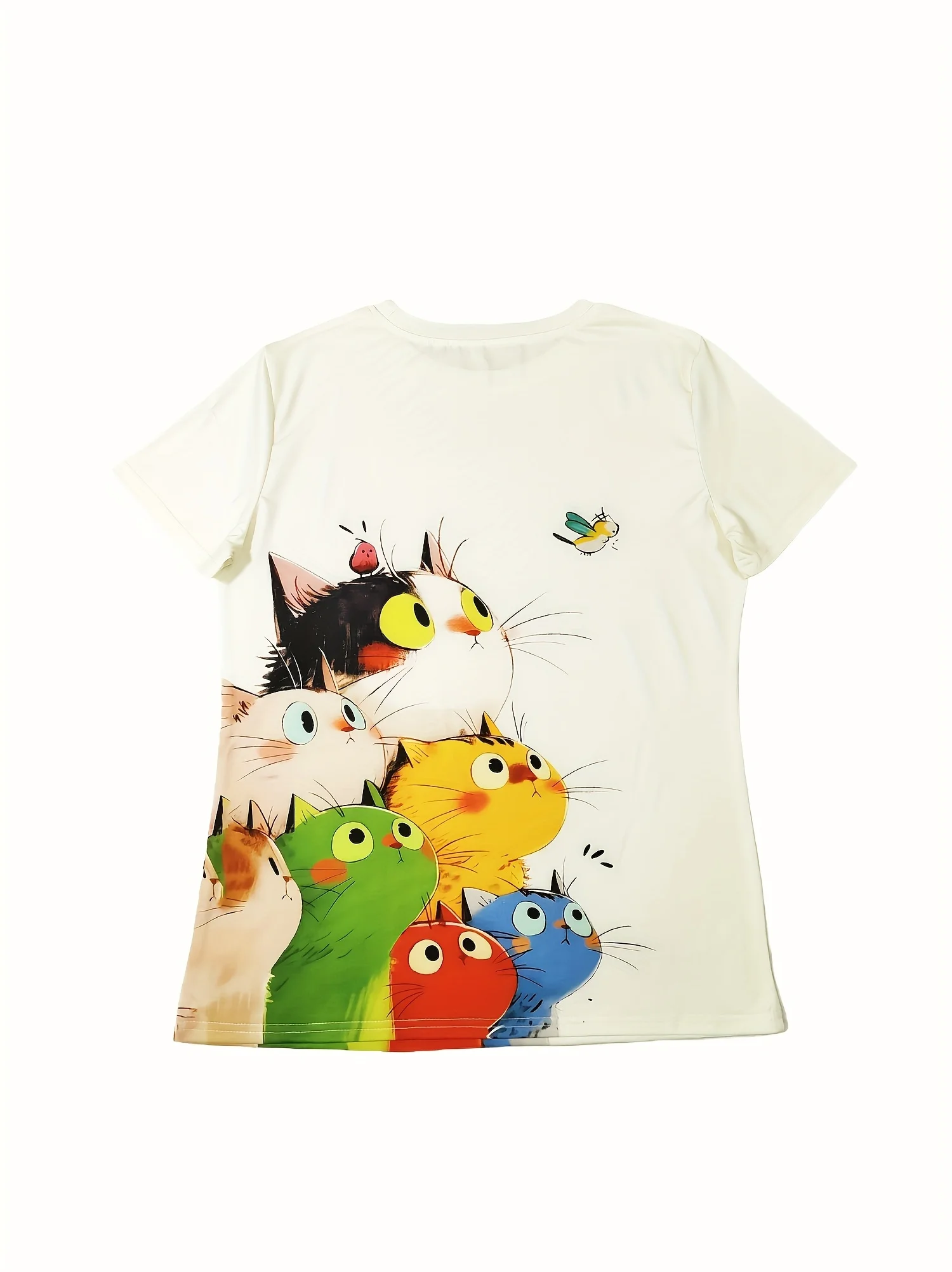 Colorful Stacked Cats Women's Tee - Cute Cartoon Feline Graphic, Playful Print for Casual Daily Wear 2
