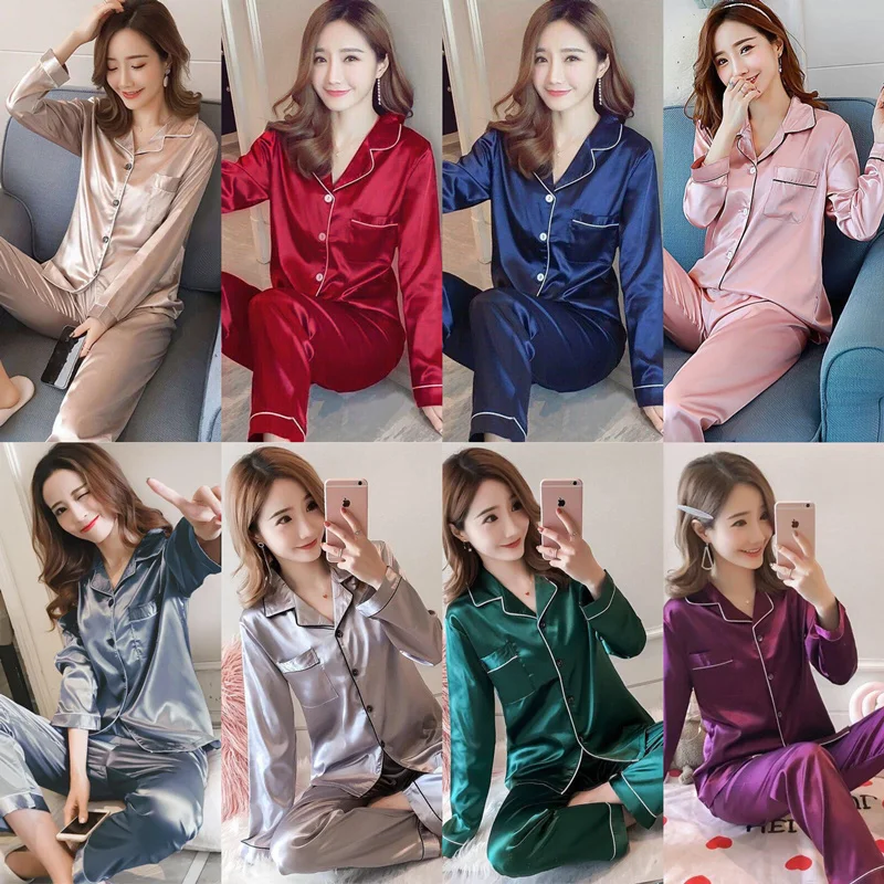 

Satin Party Pajamas Set Spring Autumn Silk Long Sleeve Women Underwear Pajama plus Size Women Sleepwear Set Elastic Long Pants