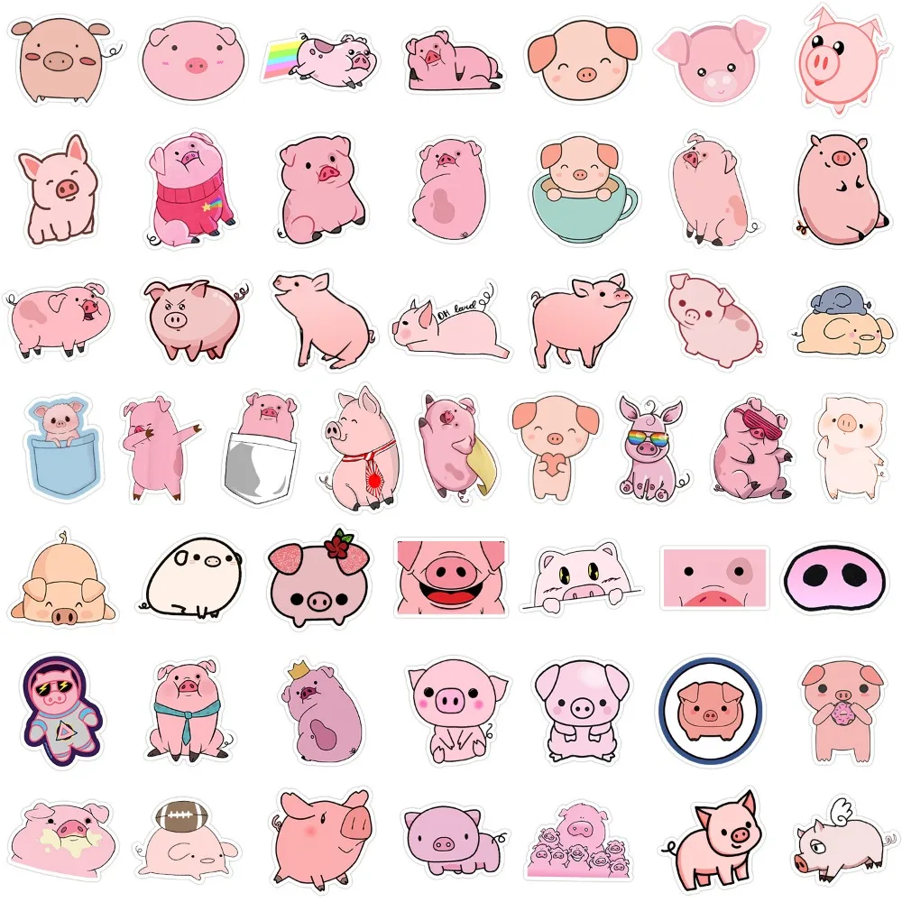 50pcs Cute Cartoon Pig Stickers Lively Pink Little Pig Waterproof Stickers Children's Funny