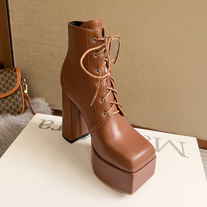 Quadratische Zehenpartie, hohe Plateau-Schnürung, einfarbig, sexy Damen-Stiefeletten, schwarze Lederstiefel, mattes Finish, Frühling und Herbst, neues High-End-Design, Runway-Modell-Stil, elegant, sexy, einfarbig, quadratischer Absatz, ultrastabil – Detail 27