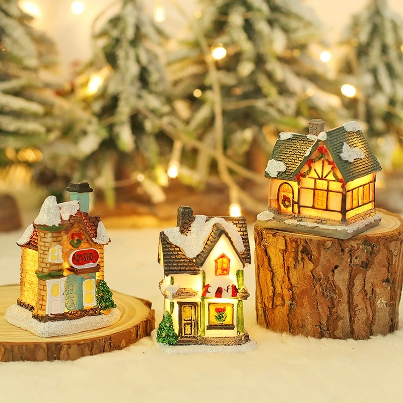 Christmas Decorations Christmas LED Light Wooden House Luminous Cabin Merry Christmas Decorations for Home DIY Xmas Tree Ornaments Kids Gift New Year