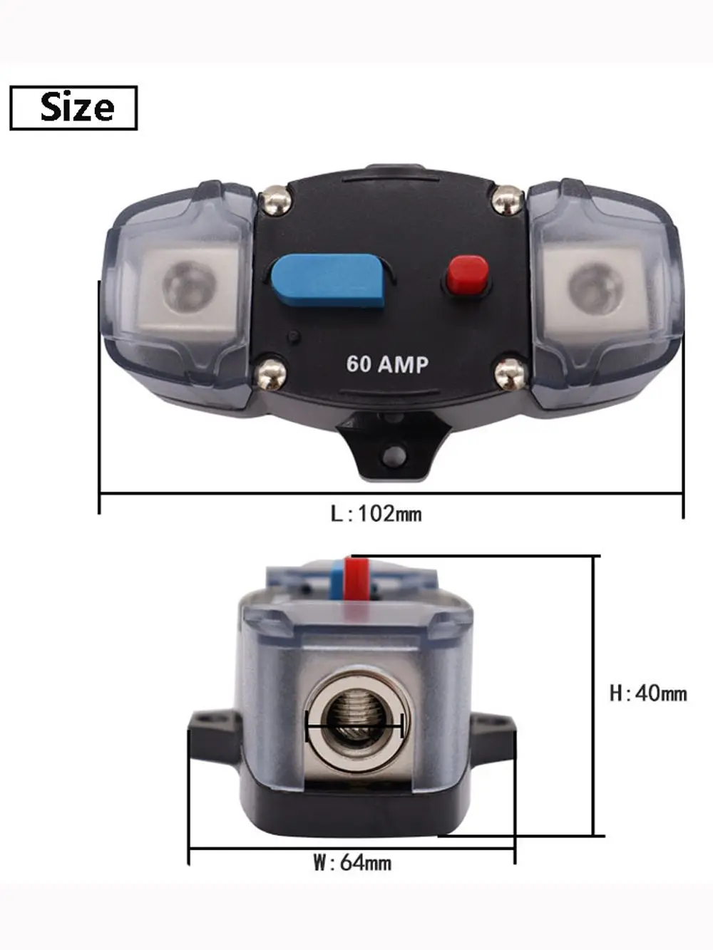 Description Picture 2 of itemCircuit Breaker 50A 60A 80A 100A 150A 200A 250A 300A 12-48VDC Car Truck Audio Resettable Fuse Circuit Breaker with Power Protect