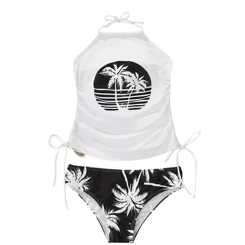 Coconut Tree Sunset Pattern Drawstring Two Piece Swimsuit Strapless Tie Neckline Backless Stretchy Low Rise Swimsuit women swimsuit,women two piece sets