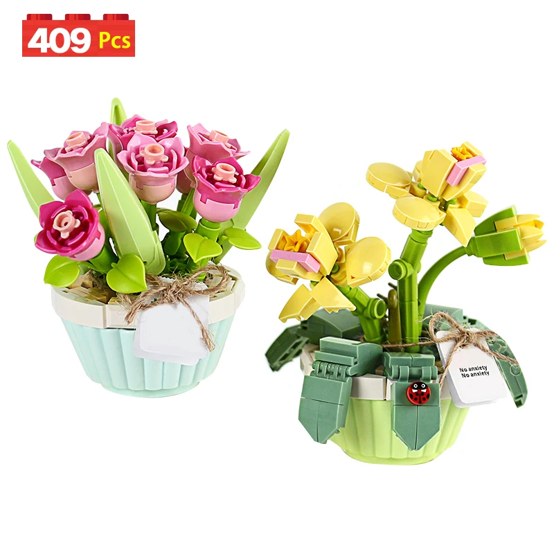 Mini plantes orchidées en pot, 409 pièces, blocs de construction en pot,  tulipe gypsophile, décoration de maison, briques, jouets pour enfants,  cadeaux | AliExpress