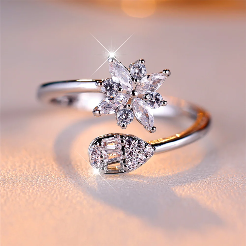 Cute Female Small White Zircon Stone Open Adjustable Ring Vintage Silver Color Wedding Jewelry For Women