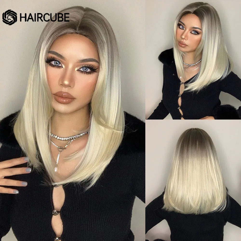 Synthetic Wig Brown to Light Blonde Ombre Medium Straight Bob for Women