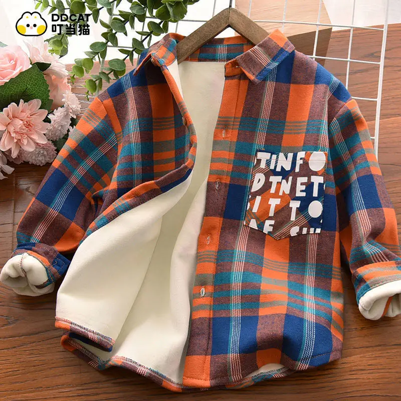 Boys' Shirt Autumn and Winter Cotton Handsome Coat Middle Children's Plaid Long Sleeve Plush Spring and Autumn Shirt