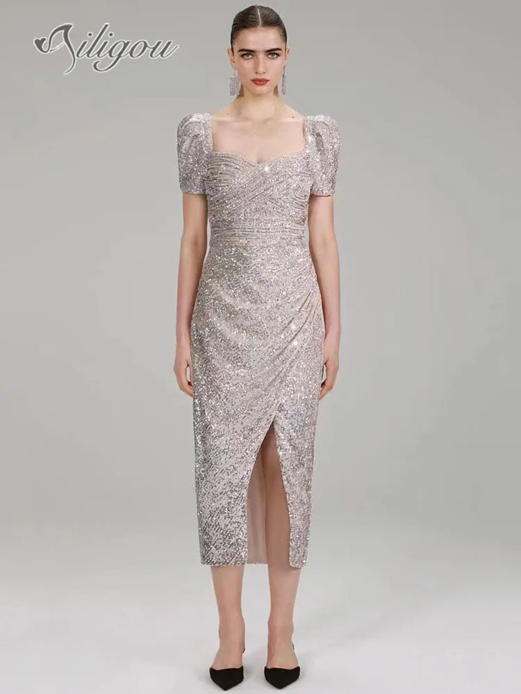 

Ailigou 2022 Women's Sexy Sequins Pleated Mid Length Dress Short Sleeve Square Neck Skinny Dress Elegant Evening Club Dress