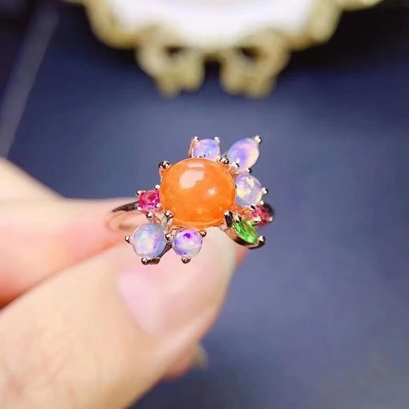 

FS Natural Fire Opal Ring Real 925 Sterling Silver Colorful Stone Fashion for Women Fine Wedding Jewelry Free Shipping MeiBaPJ