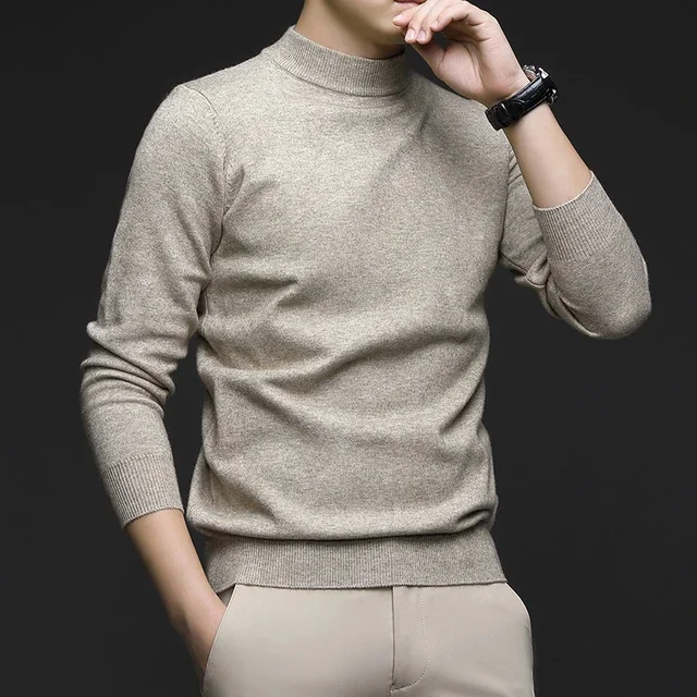 thumbnail image 1 of Otoño 2024 Nuevo suéter elástico ajustado de color sólido de cuello medio alto para hombres Camisa de fondo para jóvenes y de mediana edad, 1 of 5