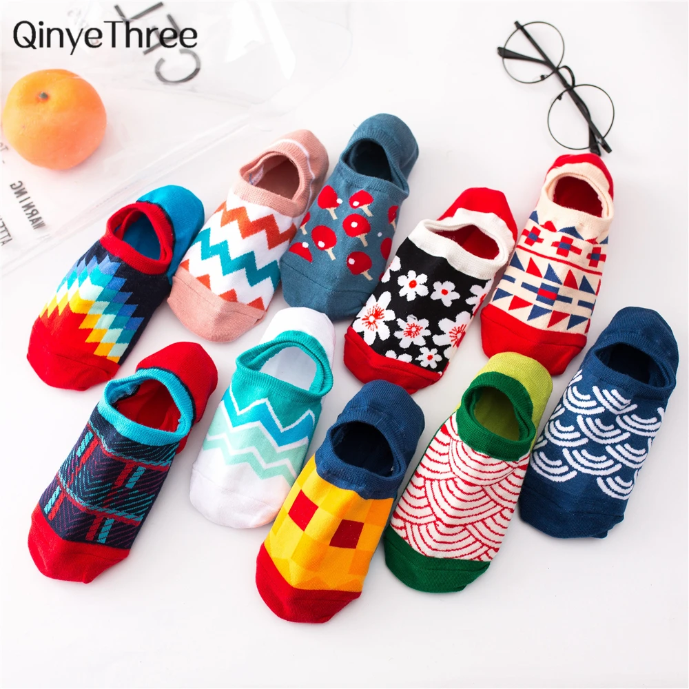 

Happy Funny Art Retro Summer Fashion Invisible Boat Socks Rainbow Colorful Stripe Lattice Lingge British Sport Dropship