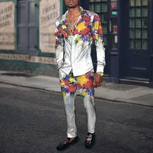 

Spring Autumn Men Party Dress Shirt + Pants Fashion Brand 3D Plant Element Harajuku Cardigan Slacks S-4XL Oversized Men's Cloth