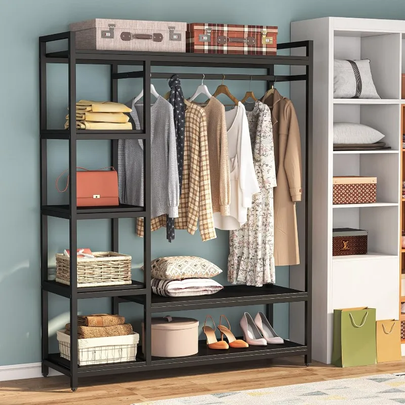 

Free-standing Closet Organizer, Heavy Duty Clothes Closet, Portable Garment Rack with 6-tier Shelves and Hanging rod