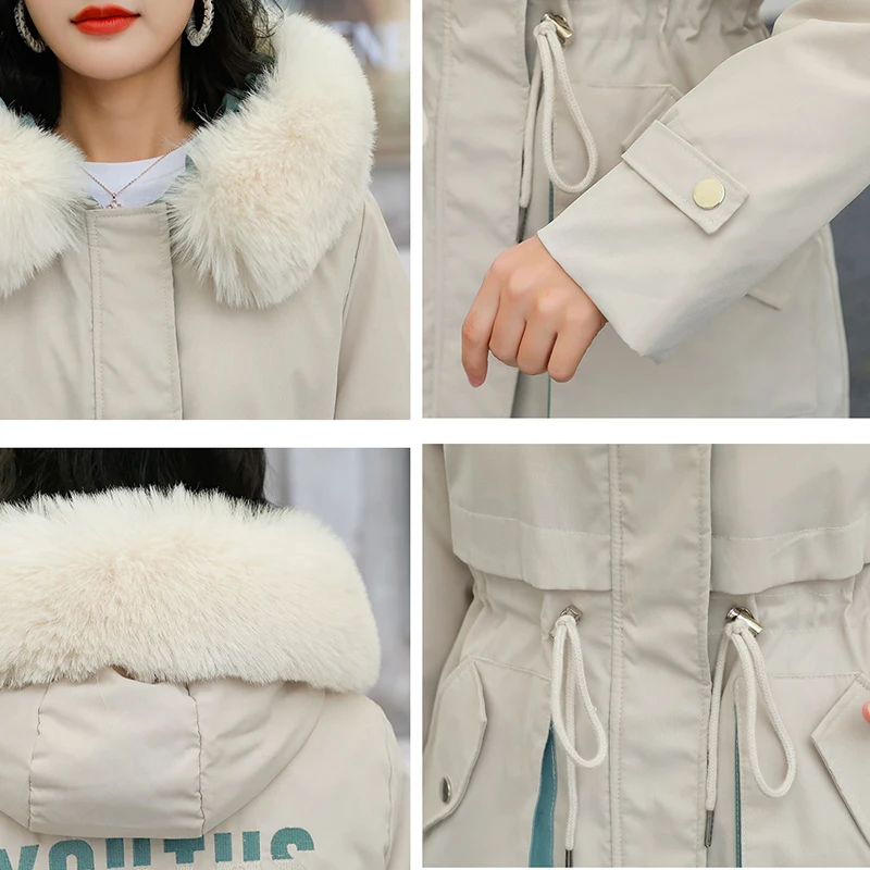 Oversized Fake Fur Hooded Parkas Women Korean Fashion Letter Print Down Cotton Padded Coat Snow Wear Thick Puffer Winter Jacket