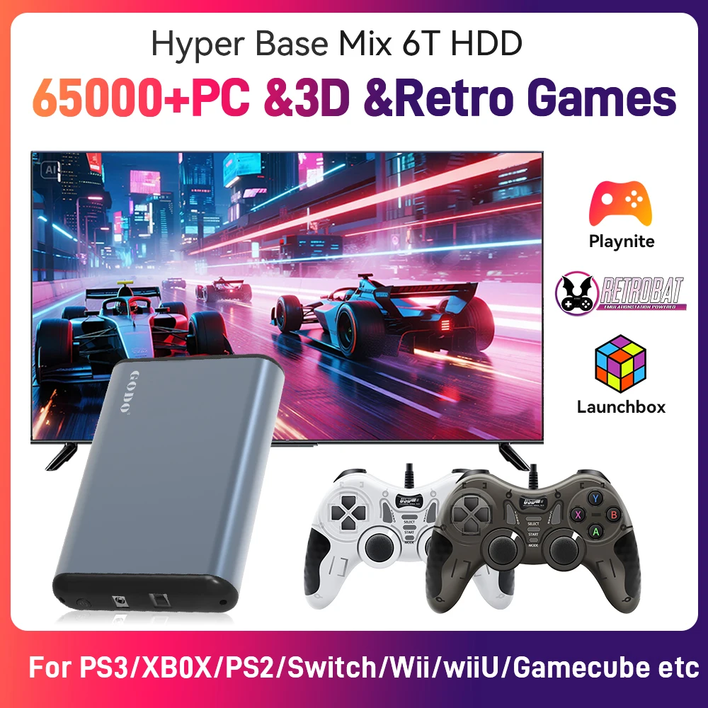 مزيج 6T القرص الصلب محرك الأقراص الصلبة الرجعية الألعاب HDD وحدة تحكم الألعاب مع 65000 + AAA و3D وألعاب الرجعية Retrobat وLunchbox &Playnite 50 + محاكيات