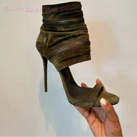 Sandales enveloppantes à la cheville en daim vert émeraude foncé pour femmes, talon aiguille ouvert, bout rond, talons de poussin chaud, fermeture éclair en métal, chaussures de Style de rue Cool 5