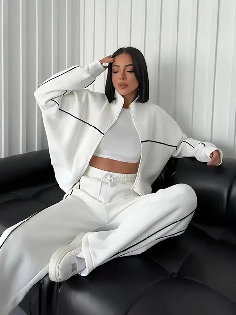 2024 new long-sleeved half-turtleneck cardigan hoodie lace-up striped Outdoor sports casual 2 piece pantsuit women's clothing - Image 4