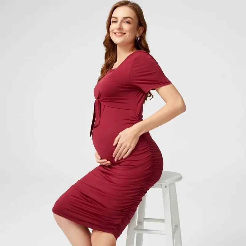 Summer Short sleeved Breastfeeding Round Neck Red Dress Comfortable Fashionable Trendy Solid Color Bow Maternity Wear 5 Sea2a615f889948ac86856768b259b595O