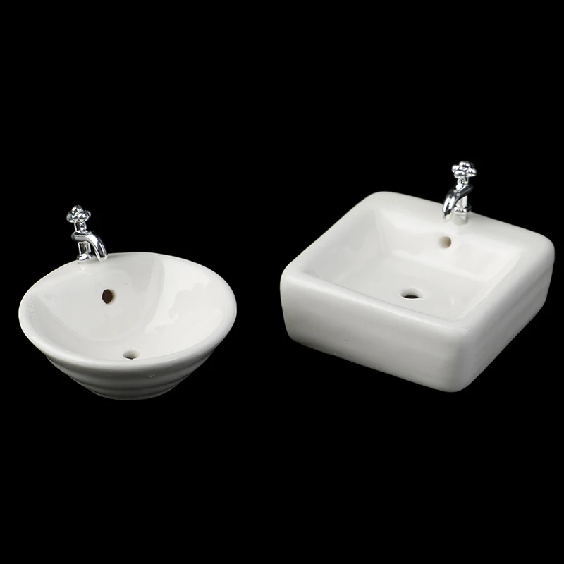 White Dollhouse miniature figurines Bathroom Sink 1:12 Miniature Ceramic/Plastic Wash Basin Bathroom Sink Model Simulation Accessory for Dollhouse