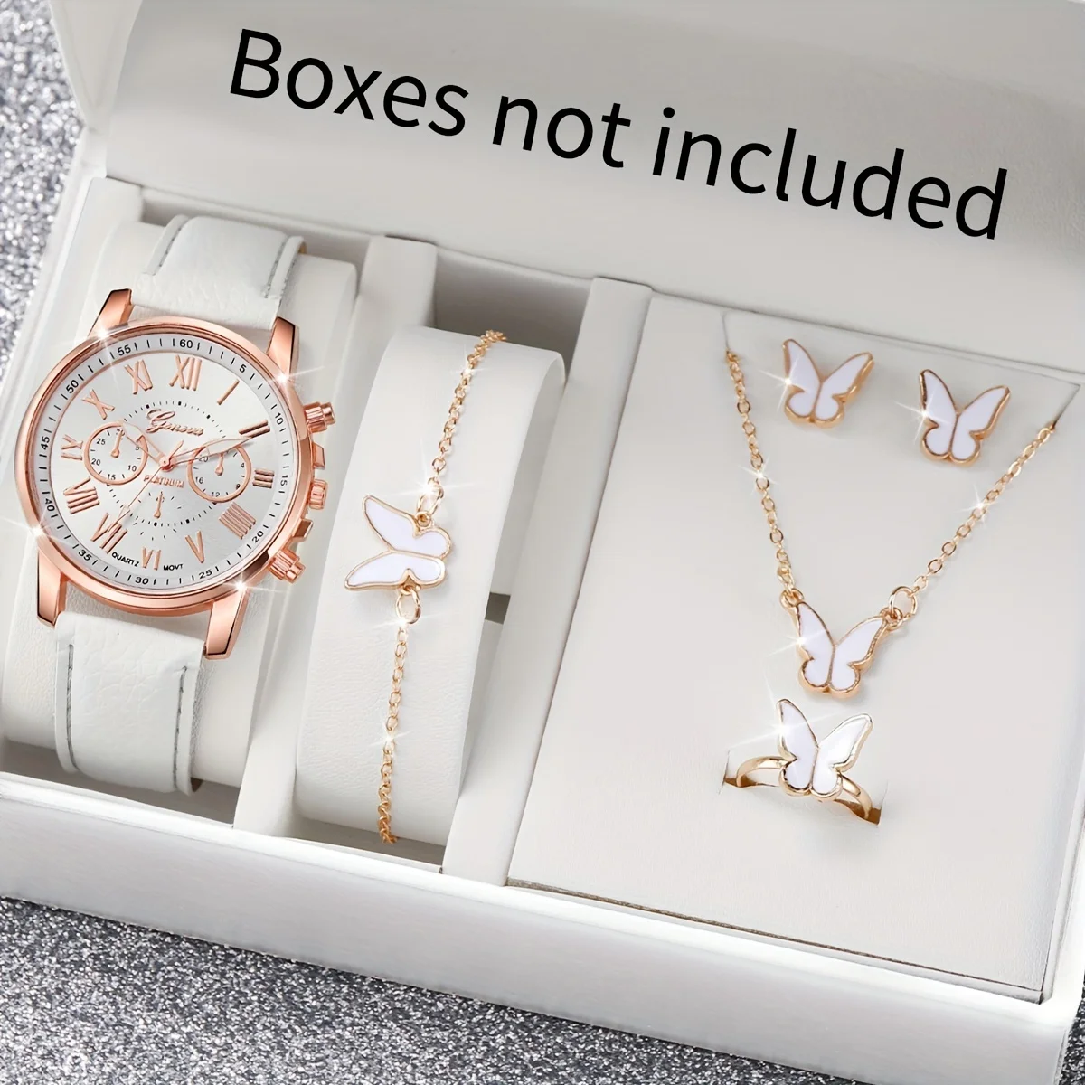 Elegant Women's Butterfly Jewelry & Leather Watch Set - 6 Piece Collection