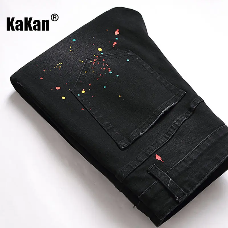 Kakan - New European and American Distressed Stretch Black Jeans for Men, Personalized Vintage Washed Casual Jeans K36-B03