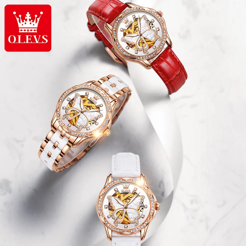 OLEVS 6622 Women's Watch Butterfly Dial Luxury Waterproof Mechanical Watch For Women Hollow Ceramic Strap Automatic Wristwatch