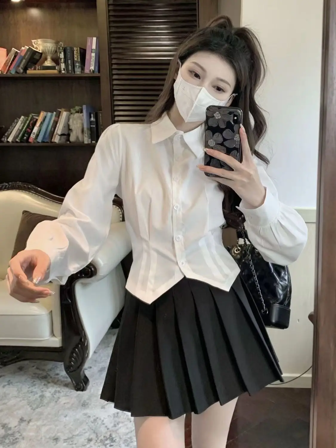 Camisa corta blanca de manga larga para mujer, túnica ajustada con botones, blusa básica, blusa escolar, blusa formal de cola de golondrina para mujer