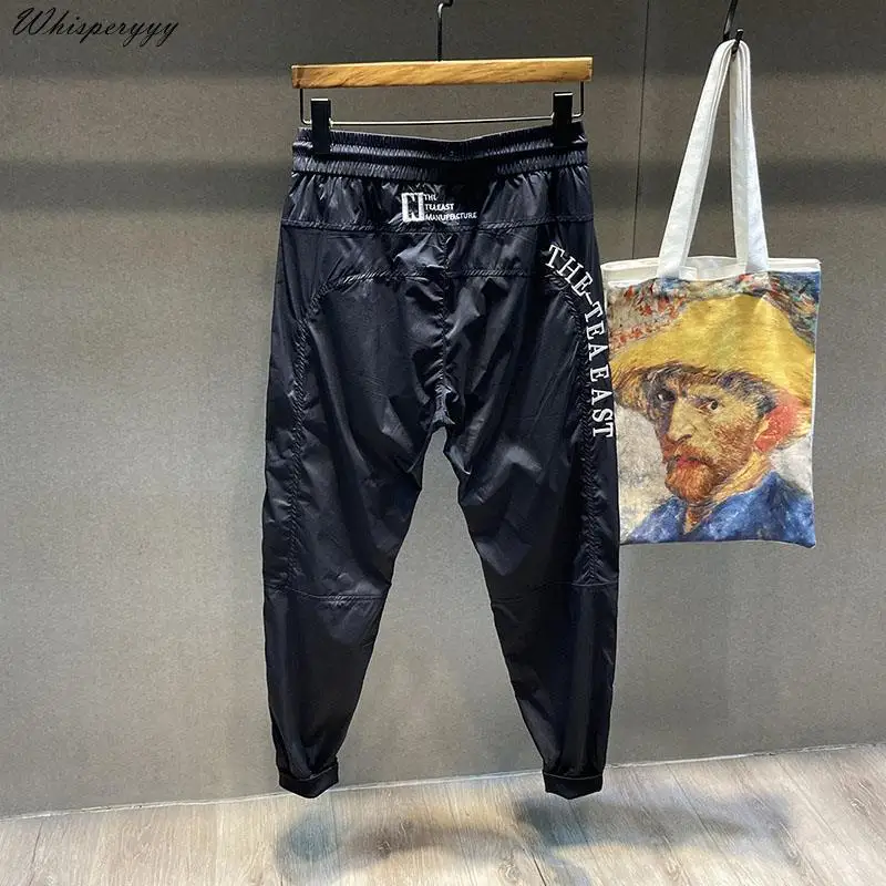 

Black Lightweight Men's Harem Trousers Fashion Brand Original Embroidery Ice Silk Casual Pants Men Summer Thin Nine-point Pants