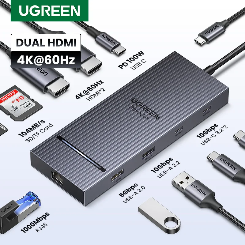 UGREEN USB C HUB 10-in-1 4K60Hz HDMI USB3.2 10Gbps PD100W RJ45 SDTF USB Splitter for Laptop Macbook Pro Air iPad Docking Station