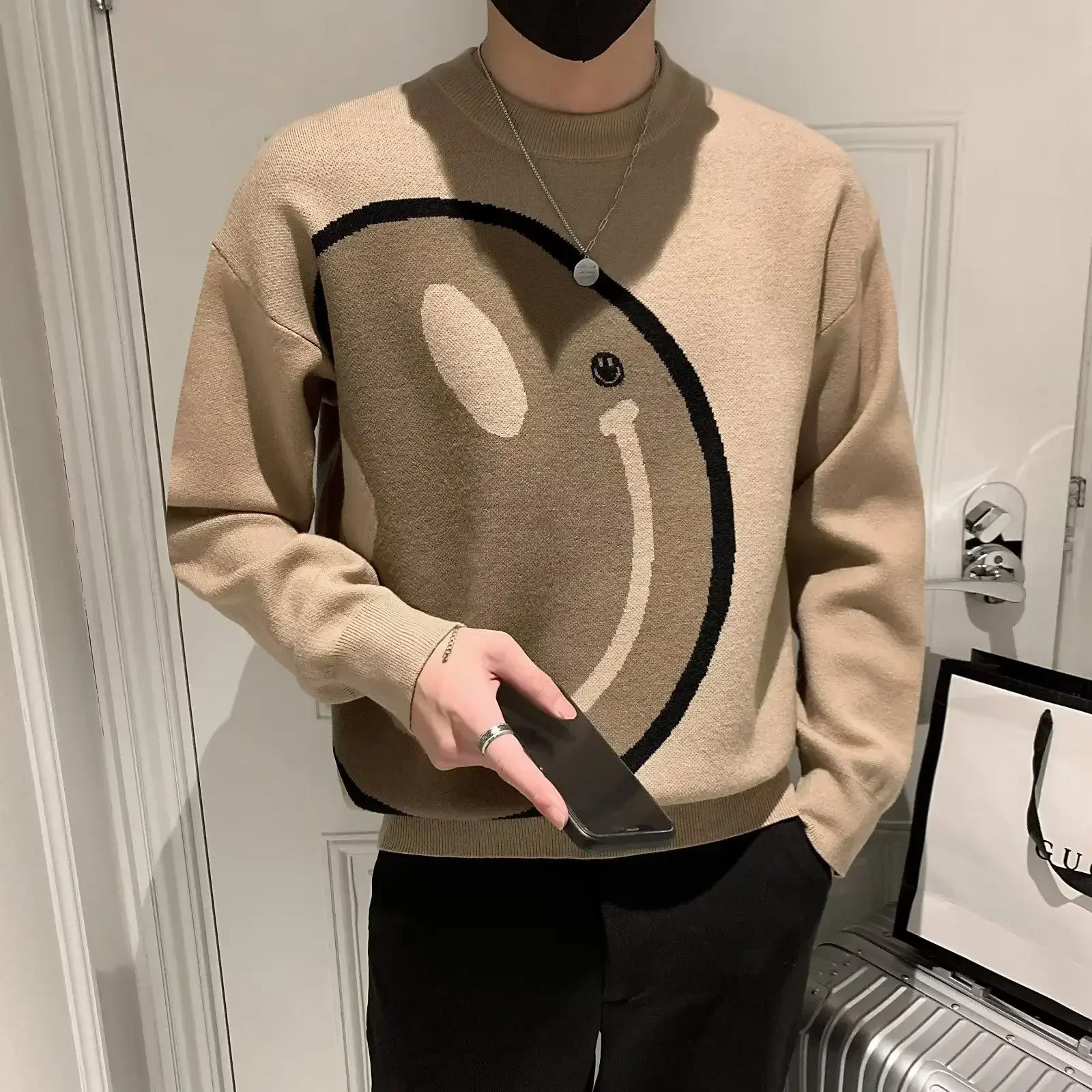 Suéter de punto con cuello redondo y manga larga para hombre, ropa popular coreana, novedad, Y2k