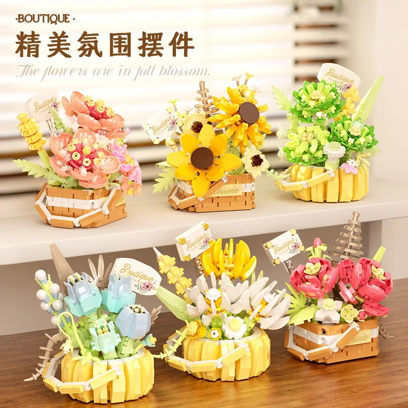 Rose Flower Figure Mini Block 3D Model Bricks Figures Toy Bouquet