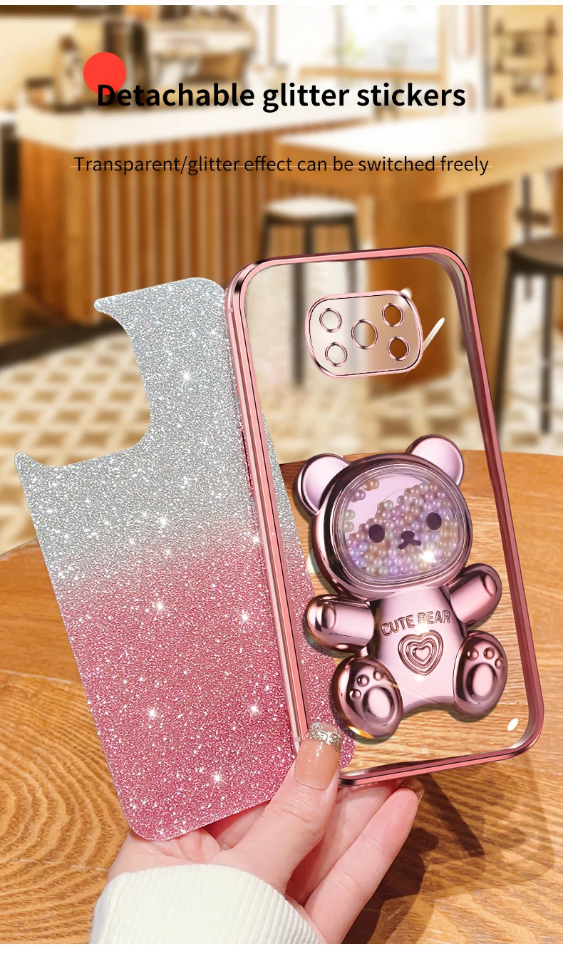 pokox3 x5 Quicksand Bear Glitter Holder Phone Case On For Xiaomi Mi Poco X5 GT NFC X3 M4 M3 M2 Pro Stand Cover F4 F5 F2_voghion.com