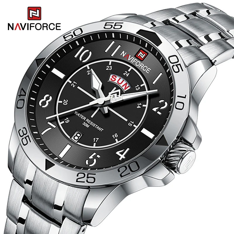 NAVIFORCE Man Casual Wild Quartz Wristwatch 3ATM Water Resistant Stainless Steel Men's Watches Day and Date Display Reloj Hombre