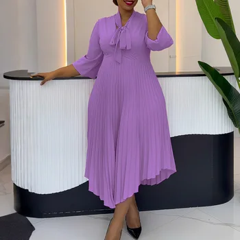 Abito da donna elegante a pieghe midi con farfallino e maniche a 3/4 Abito casual di classe irregolare per ufficio Business Party Nuovo