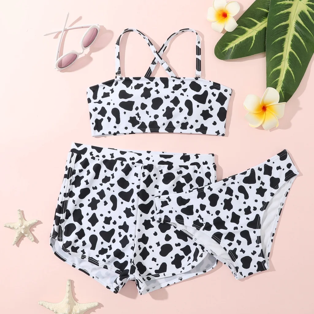 Girls 3pack Coconut Palm Print Bikini Sets with Shorts Trunks Kids Swimsuit 7-12 Years Children's Swimwear Bathing Suit