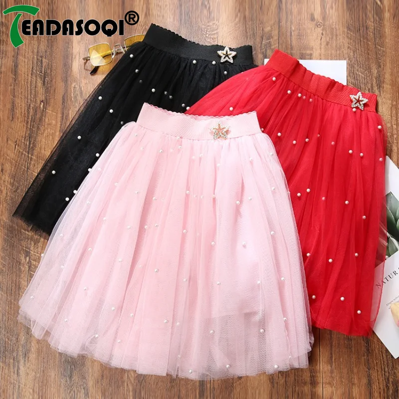 

2024 Spring Autumn New Kids Girls Dress Beads Gauze Tulle Lace Puffy Skirt Solid Color Sweet Princess Children's Clothing 1-6Y