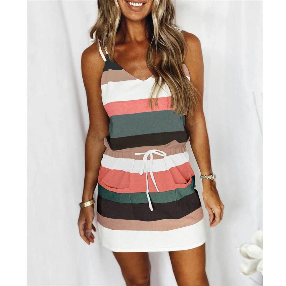 

2023 Summer Women's Suspender Loose Print Stripe Vest Dress Women's New Sleeveless V-neck Casual Pocket Mini Dress Платье Миди